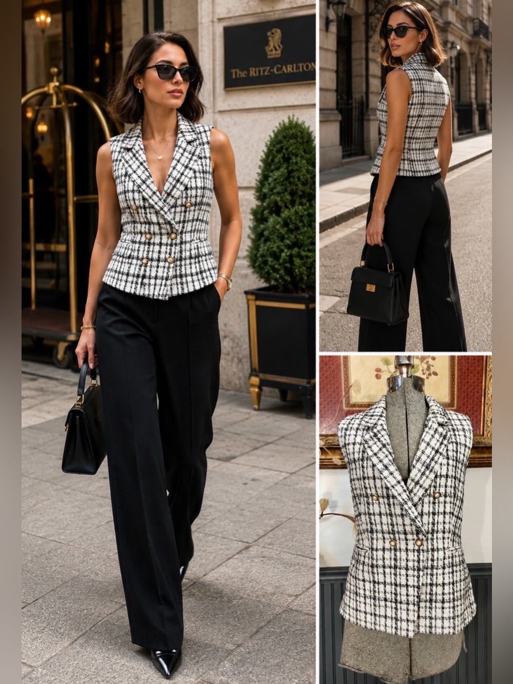 Nanette Lepore Black White Plaid Tweed Double Breasted Tailored Vest Sz S 💛🍄